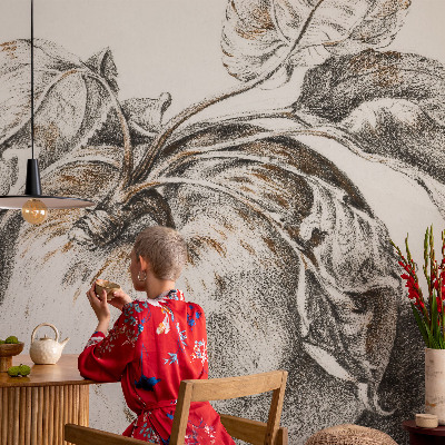Self-adhesive photo wallpaper with a pattern of apple leaves