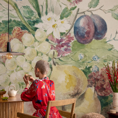 Stick-on wall mural with a design of flowers and fruits