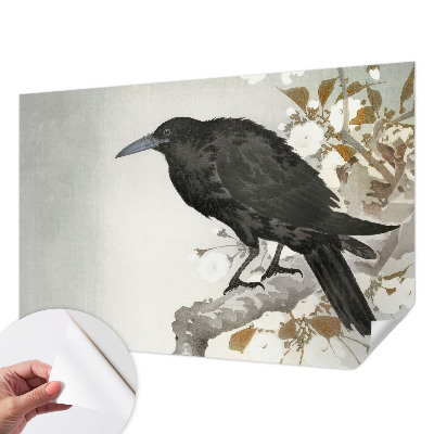 Removable wall mural raven among flowers design