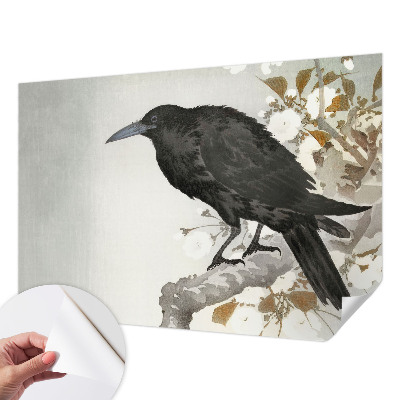 Removable wall mural raven among flowers design