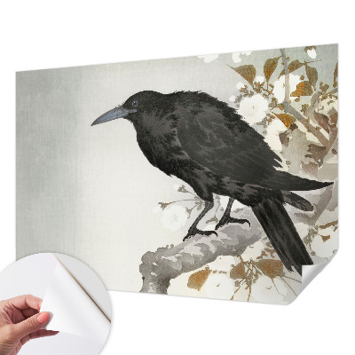 Removable wall mural raven among flowers design