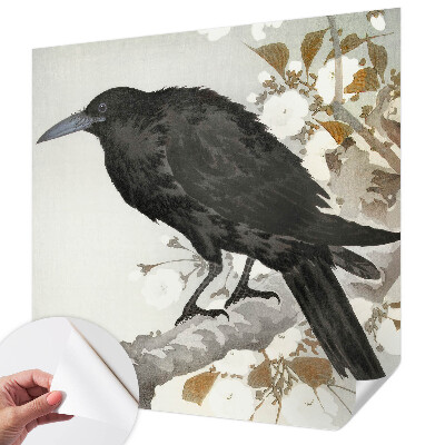 Removable wall mural raven among flowers design