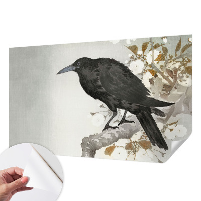 Removable wall mural raven among flowers design