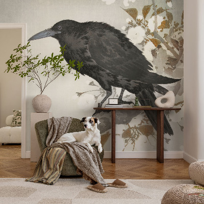 Removable wall mural raven among flowers design