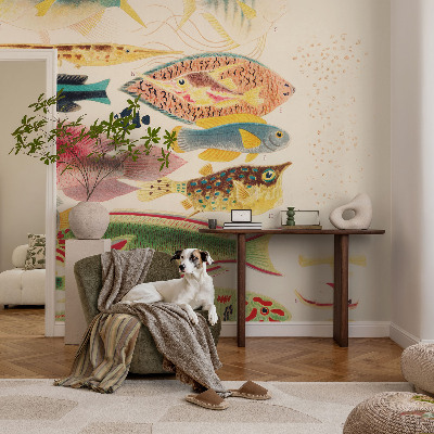 Self-adhesive wall mural with a colorful fish design