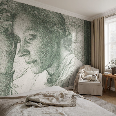 Stick-on wall mural featuring a reflective woman