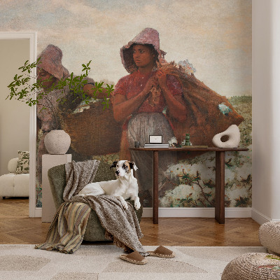 Peel and stick wall mural for living room with a design showing a person working in a field