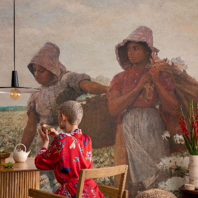 Peel and stick wall mural for living room with a design showing a person working in a field