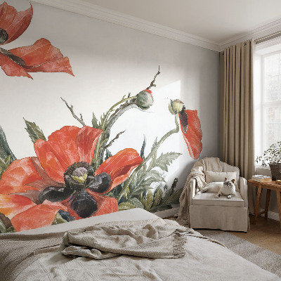 Peel and stick wall mural with red poppies