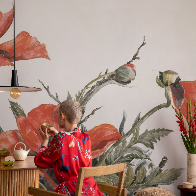 Peel and stick wall mural with red poppies