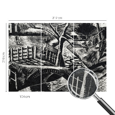 Self-adhesive wall mural with an architectural landscape design
