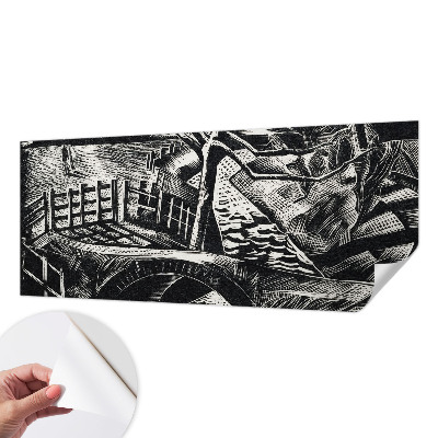 Self-adhesive wall mural with an architectural landscape design