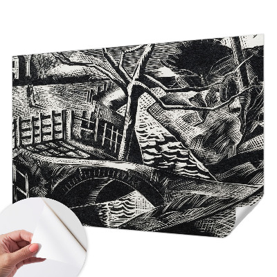 Self-adhesive wall mural with an architectural landscape design