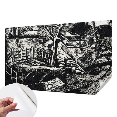 Self-adhesive wall mural with an architectural landscape design