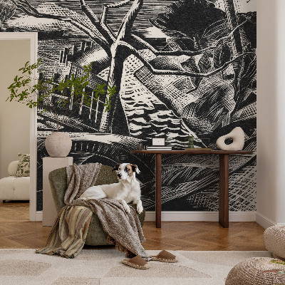 Self-adhesive wall mural with an architectural landscape design