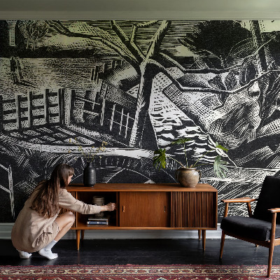 Self-adhesive wall mural with an architectural landscape design