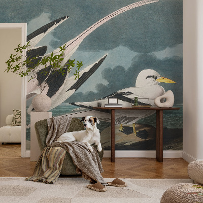 Removable wall mural wallpaper with a birds-by-the-sea motif