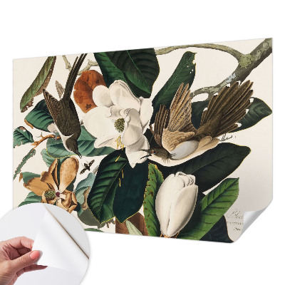 Peel and stick wall mural for bedroom with a birds and magnolias design
