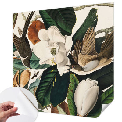 Peel and stick wall mural for bedroom with a birds and magnolias design