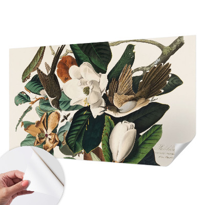 Peel and stick wall mural for bedroom with a birds and magnolias design
