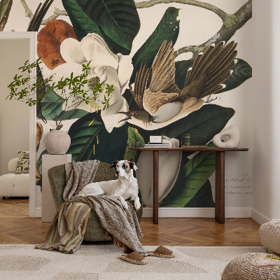 Peel and stick wall mural for bedroom with a birds and magnolias design