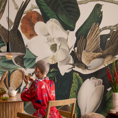 Peel and stick wall mural for bedroom with a birds and magnolias design