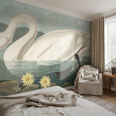 Peel and stick wall mural for kids' room with a swan and water lilies motif
