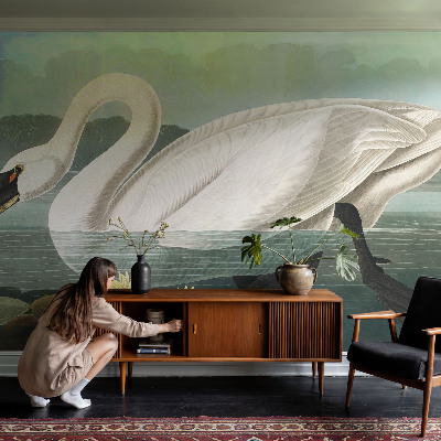 Peel and stick wall mural for kids' room with a swan and water lilies motif