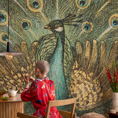 3D photo wallpaper mural featuring a majestic peacock