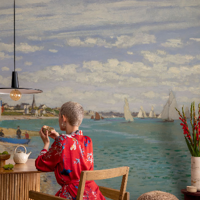 Baby room wall mural with a seaside landscape design