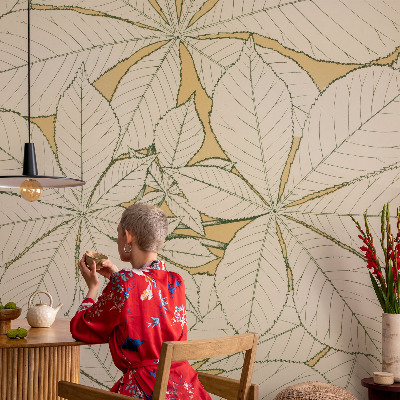 Peel and stick wall mural for living room with a chestnut leaves design