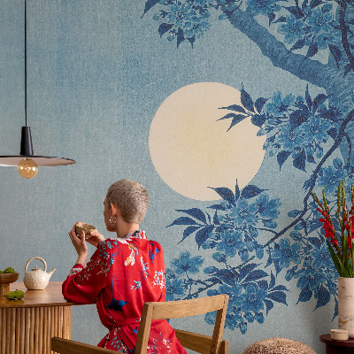 Peel and stick wall mural for kids' room with a flower moon design