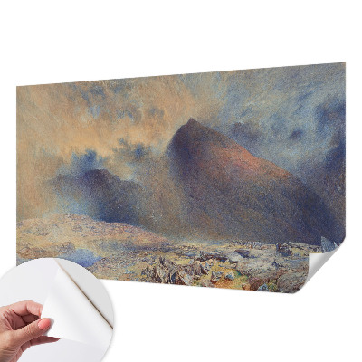 Peel and stick wall mural featuring a mountain landscape, suitable for bedroom decor