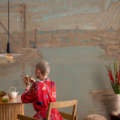 Removable wall mural wallpaper with a port view design
