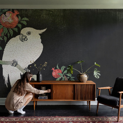 Peel and stick wall mural for living room with a pomegranate parrot design