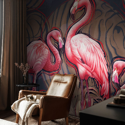 Children's wall mural with a pink flamingo motif