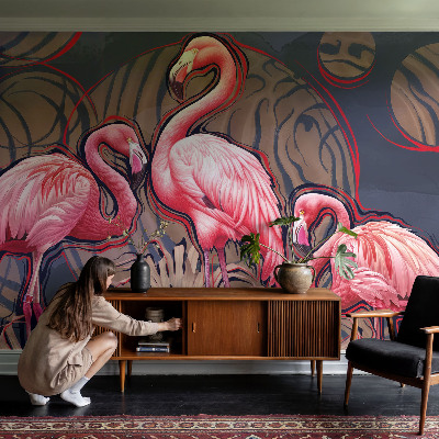 Children's wall mural with a pink flamingo motif