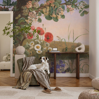 Peel and stick wallpaper mural with a floral idyll design