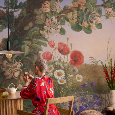 Peel and stick wallpaper mural with a floral idyll design