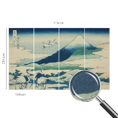 Peel and stick wall mural for bedroom with a cranes and mountains design