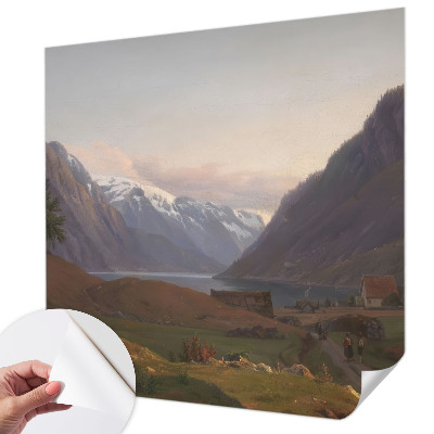 Peel and stick wall mural for living room with a mountain panorama design