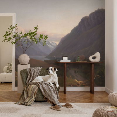 Peel and stick wall mural for living room with a mountain panorama design
