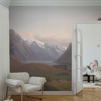 Peel and stick wall mural for living room with a mountain panorama design