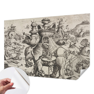 Peel and stick wall mural for kids' room with a playful grotesque battle design