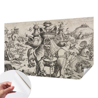 Peel and stick wall mural for kids' room with a playful grotesque battle design