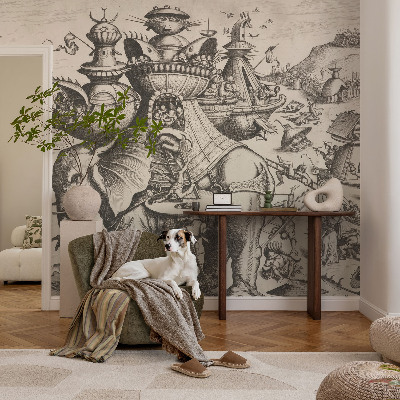 Peel and stick wall mural for kids' room with a playful grotesque battle design