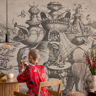 Peel and stick wall mural for kids' room with a playful grotesque battle design