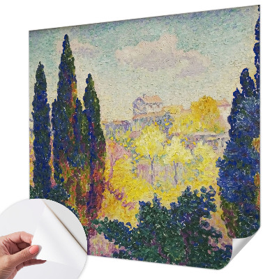 Self-adhesive wall mural with an impressionist landscape design