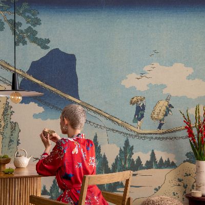 Stick-on wall mural with a mountain bridge design