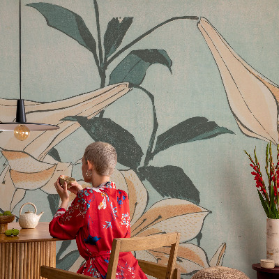 Removable wall mural wallpaper with a delicate lilies motif